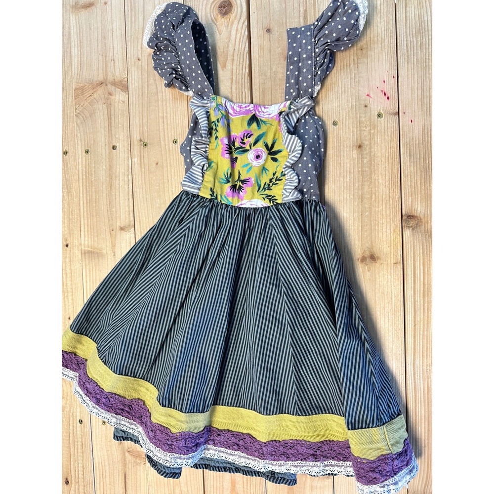 Mustard Pie Girls Mixed Print Floral Polka Dot Striped Ruffle Dress Size 4‎